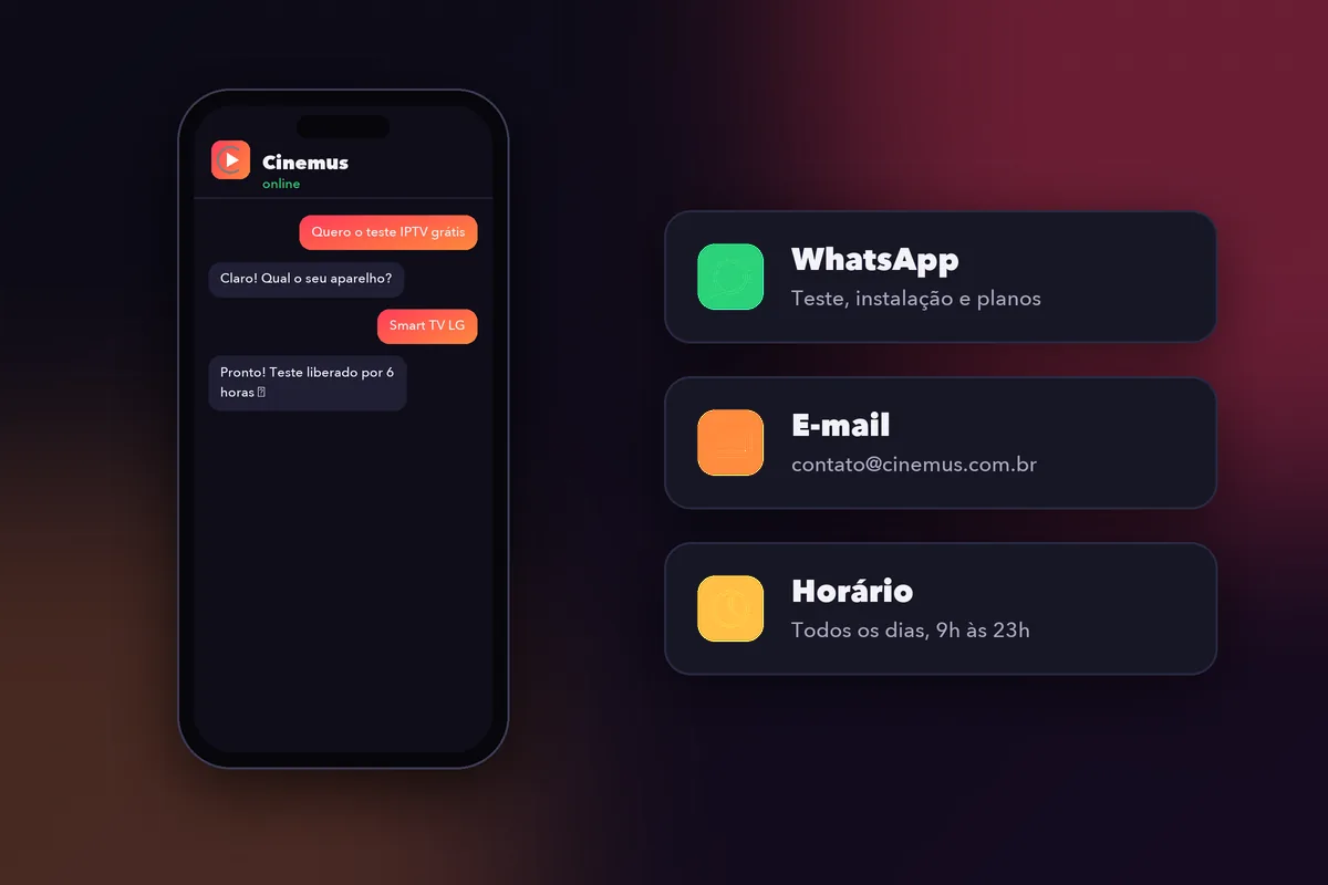 Contato Cinemus: celular com conversa de suporte IPTV e ícones de e-mail e horário