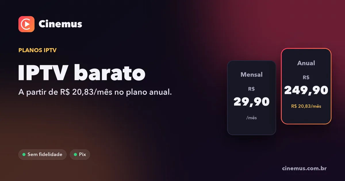 Cartões de preço do IPTV Cinemus destacando o plano anual de R$ 20,83 por mês