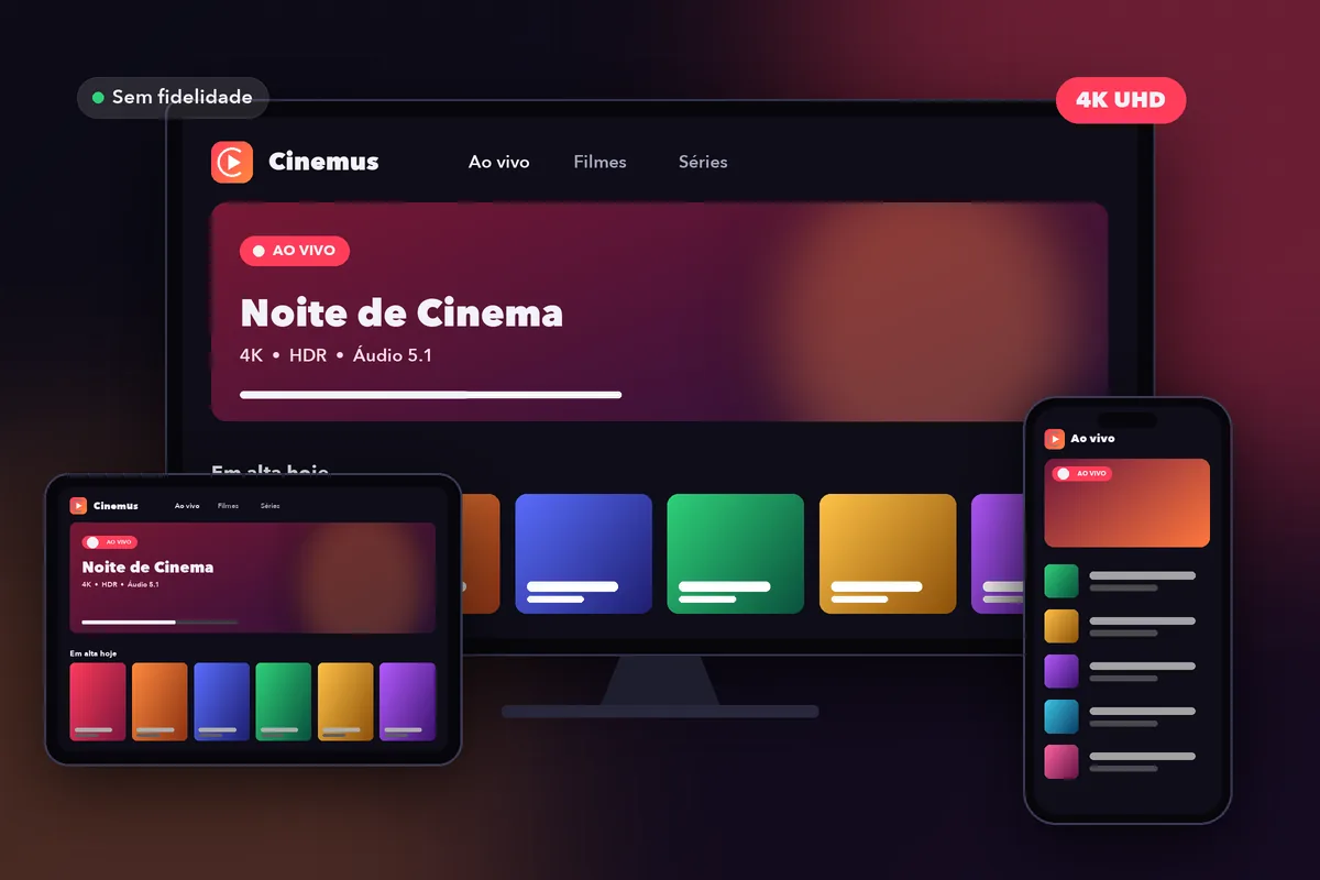 IPTV Cinemus aberto em uma Smart TV, um tablet e um celular, com grade de canais ao vivo e filmes