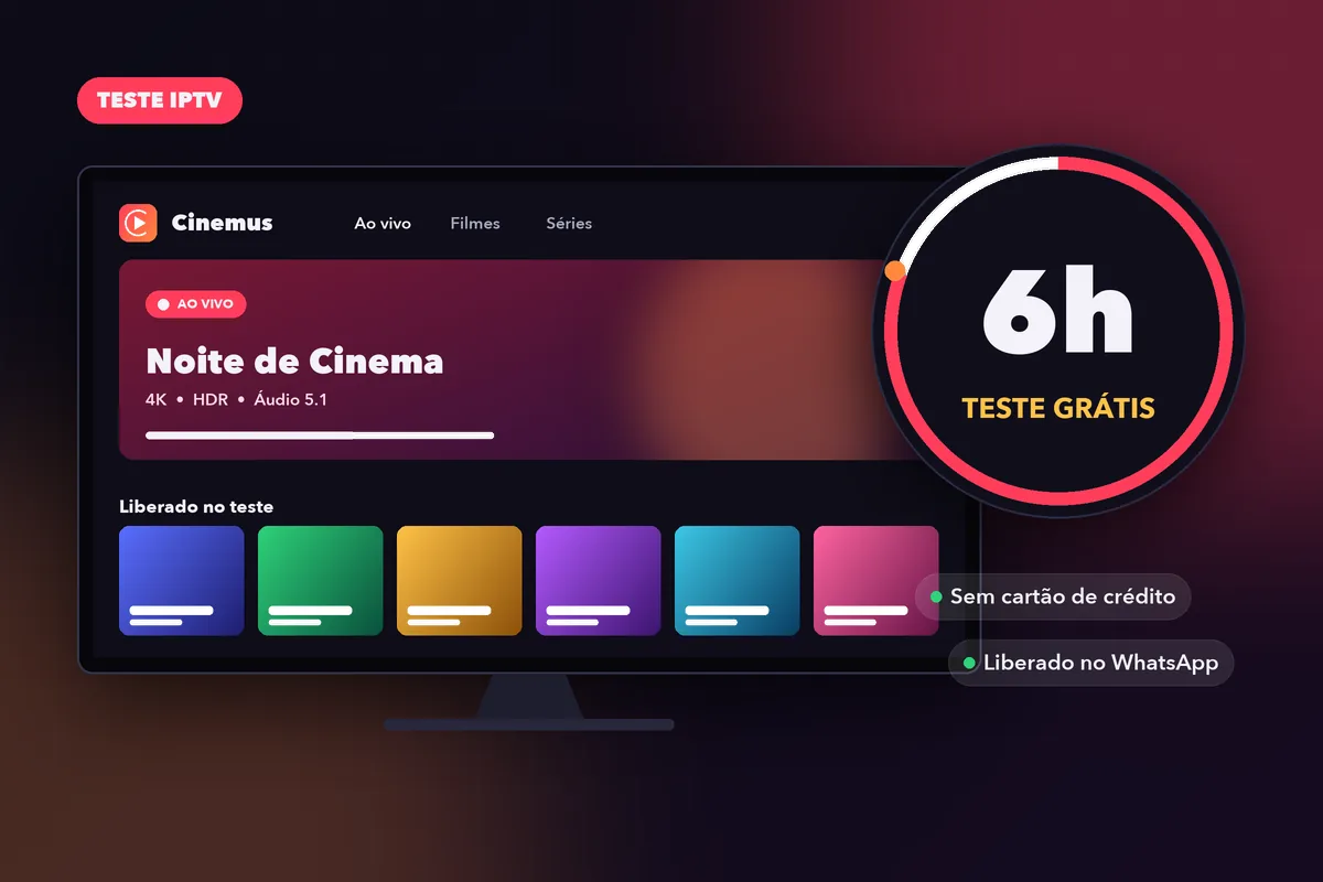 Teste IPTV grátis Cinemus: TV exibindo canais ao vivo com contador de 6 horas de acesso