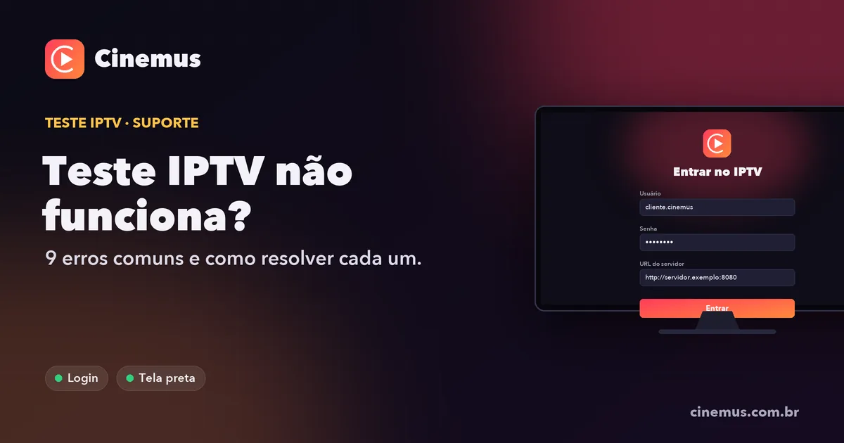 Tela de login do aplicativo IPTV com mensagem de erro e lista de soluções