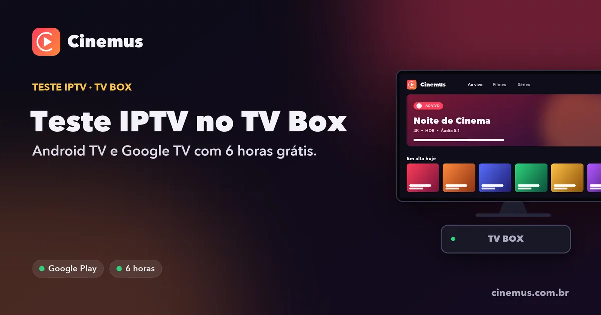 Teste IPTV no TV Box Android conectado à TV exibindo canais do IPTV Cinemus